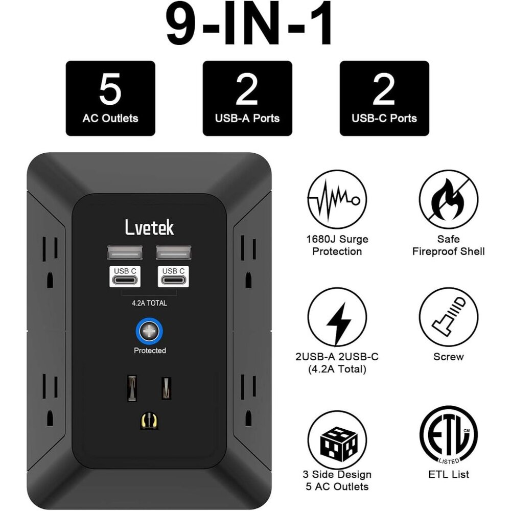 Outlet Extender, Surge Protector Outlet with 5-Multi Plug Outlet and 4 USB Ports - Picture 2 of 6